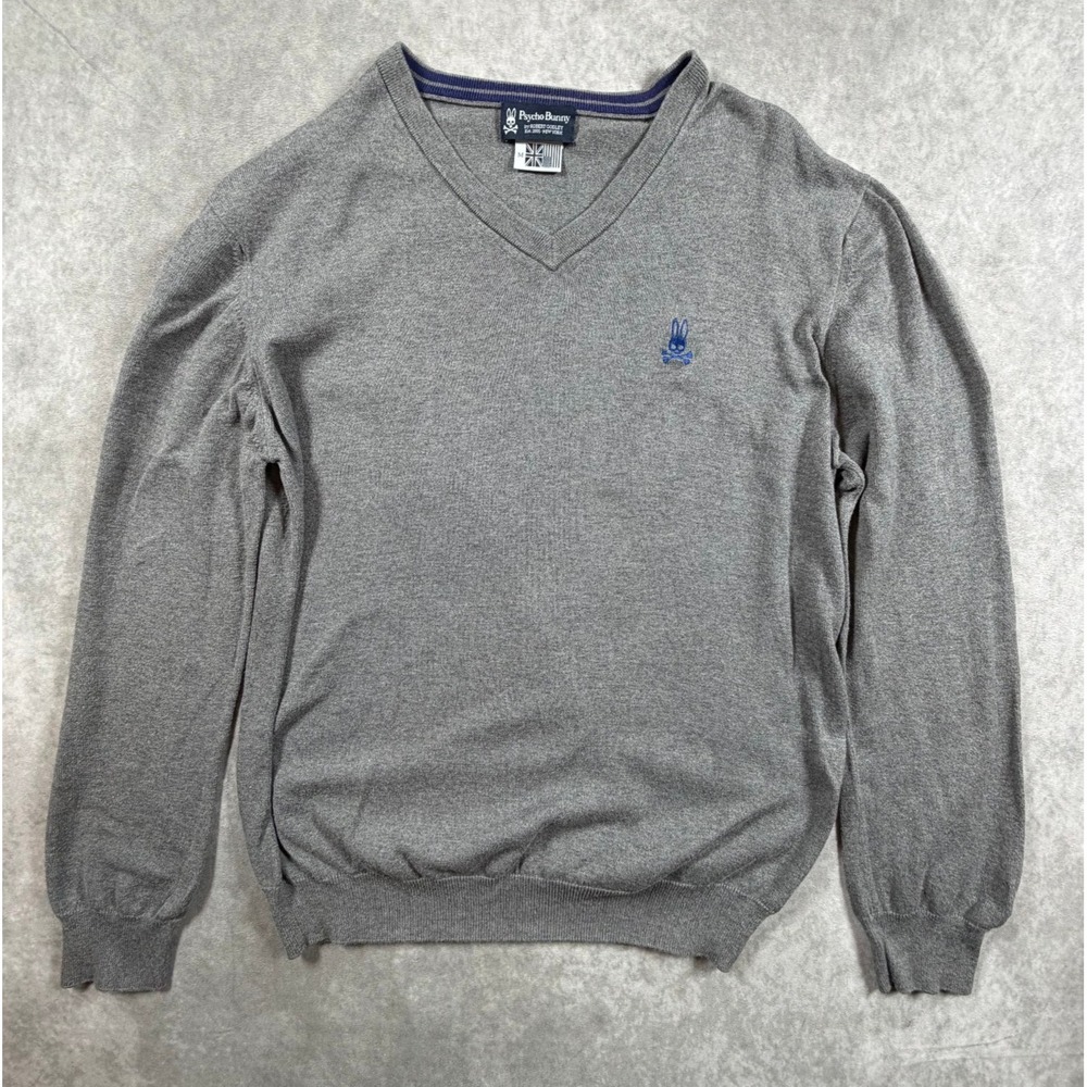 Psycho Bunny Mens Size M Sweater Pima Cotton Gray V Neck Embroidered Logo Peru